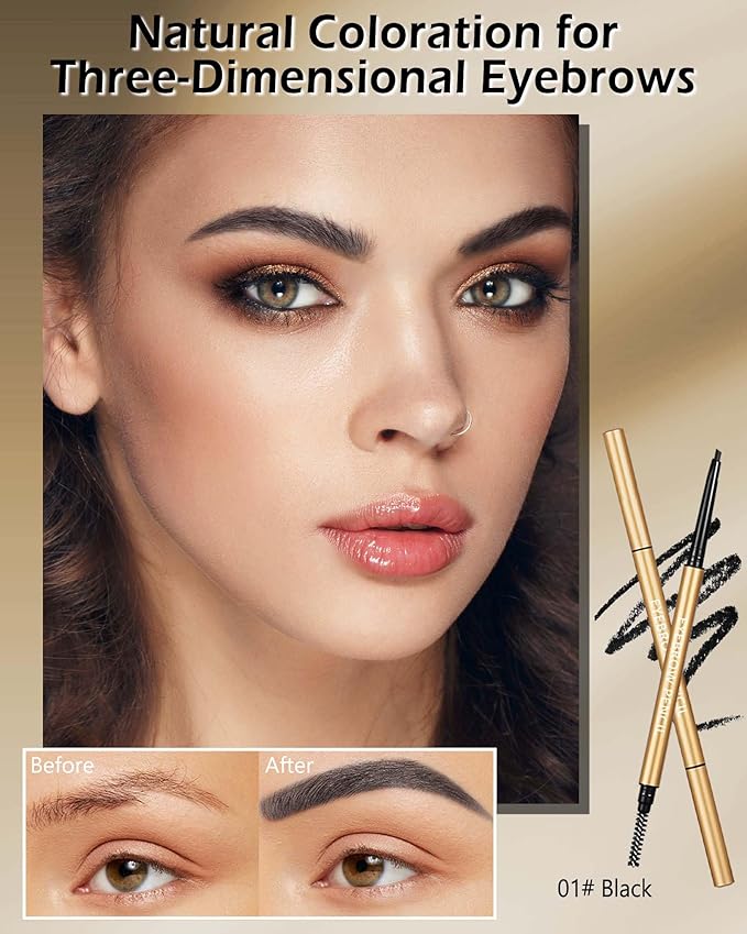 Black Eyebrow Pencil, 12Pcs Black Ultra-Fine Retractable Eye Brow Pencil,Long-Lasting Waterproof Eyebrow Tint Pen Kit for Define Shape and Fill Brow,Women's Mother's Day Makeup Gift Set for Women-01