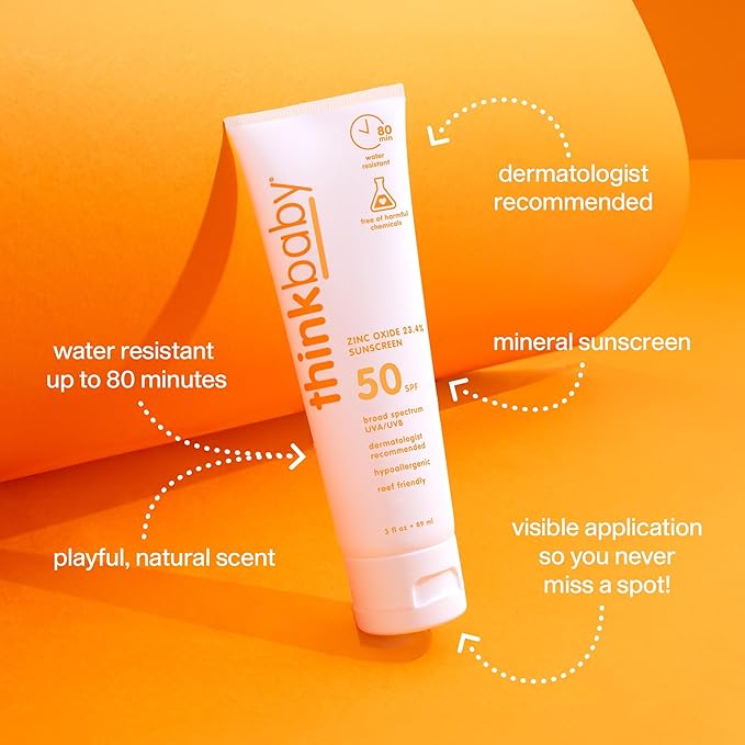 Thinkbaby SPF 50+ Baby Sunscreen, 3 Oz. – Safe, Natural Mineral Sun Cream for Babies - Water Resistant, Broad Spectrum UVA/UVB Sun Protection – Vegan Sunscreen for Kids