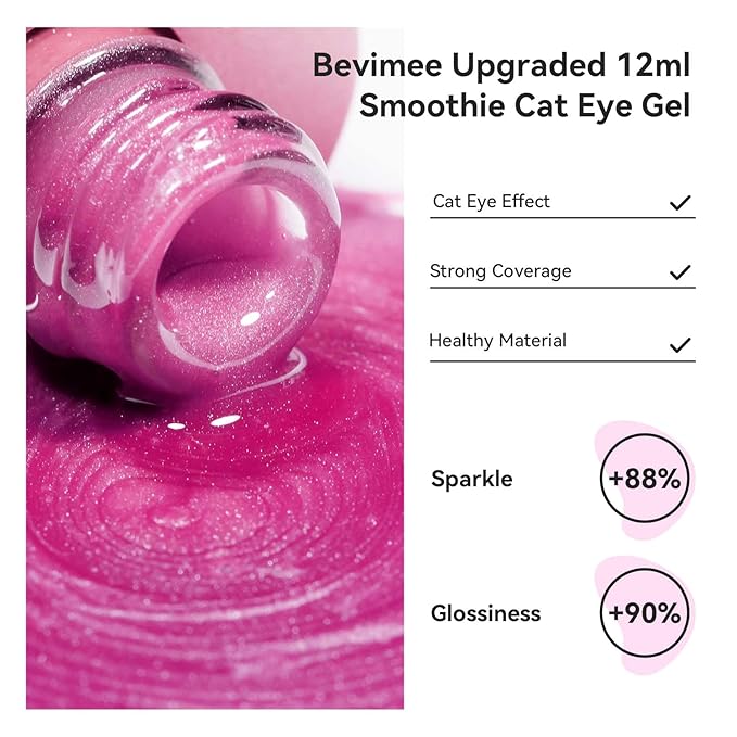Pink Cat Eye Gel Nail Polish, Moonlight Glitter Holographic Cateye Nail Polish with Magnet 12ML, Magnetic Glass Smoothie UV Gel for Valentine's Day Gift Nail Art Manicure DIY at Home