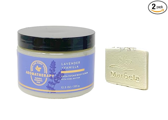 Bath & Body Works Aromatherapy Sleep Lavender + Vanilla Body Scrub with a Natural Oats Sample Soap.