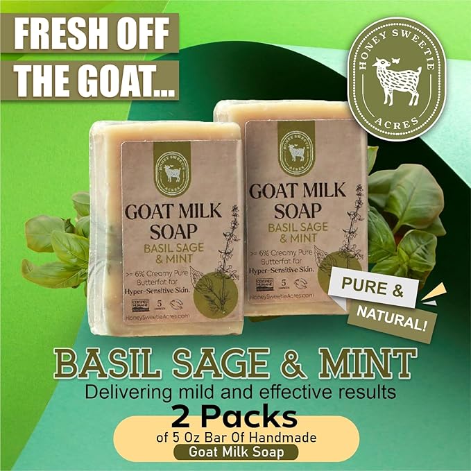 Honey Sweetie Acres 2-Pack Basil, Sage & Mint Goat Milk Soap - Handmade 5 oz Bar, Made with Natural Ingredients, Moisturizing & Gentle, Made in the USA