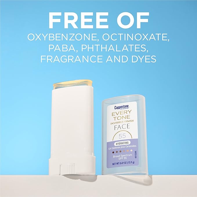 Coppertone Every Tone Invisible Finish Hydrating UV Defense Face Sunscreen Stick SPF 55 with Moisturizing Ceramides, Blends in Clear Sunscreen for All Skin Tones, 0.49 Oz Stick