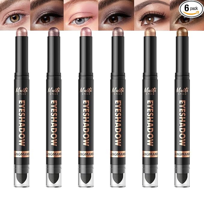 LANGMANNI 6Colors Dual-Ended Cream Eyeshadow Stick Set – Silky Smooth, Waterproof & Transfer-Proof, Built-in Blender Brush, All-Day Matte & Shimmer Wear Eye Makeup(#2+4+6+8+10+12)