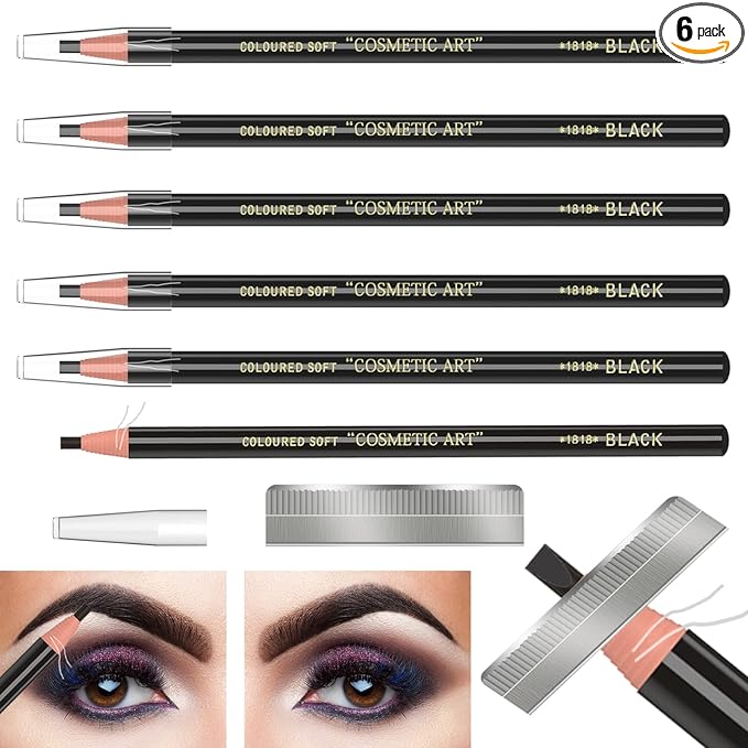 Waterproof Eyebrows Pencil Tattoo Makeup And Microblading Supplies Kit-Permanent Eye Brow Liners In 5 Colors Waterproof Eyebrow Pencils Peel - Brow Pencil Set For Marking (6 Black)