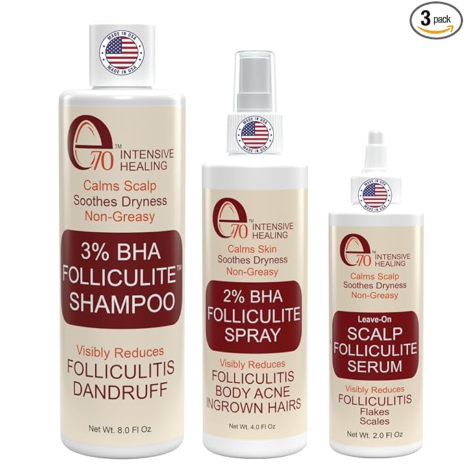 Folliculitis 3-Piece Set - Folliculitis Shampoo, Dry Scalp Serum & Body Spray with Salicylic Acid, Tea Tree Oil & Peppermint Oil - Soothes Itchy Scalp, Razor Bumps & Blemishes by e70