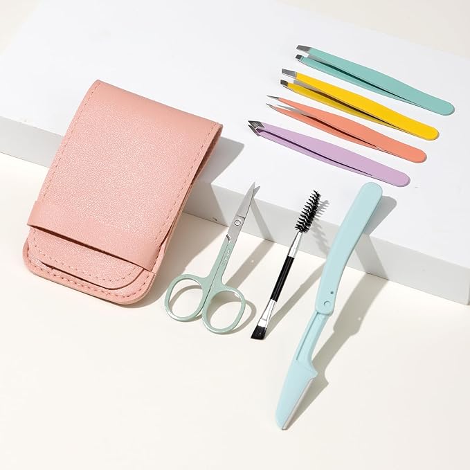 MSQ 7pcs Eyebrow Tweezers Kit with Travel Bag for Women 4Pcs Professional Stainless Steel Tweezers and Brow Scissors & Razor & Spoolie for Facial, Chin, Eyebrow, Splinter and Ingrown Hair