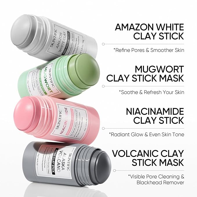 SKINTIFIC Amazonian White Clay Purifying Stick, Deep Clean Pores Mud Mask with Volcanic Soil, Pore Minimizer, Gentle Exfoliating, Refines Pores, Smoothing Skin, Non-Drying, Skincare Facial Mask