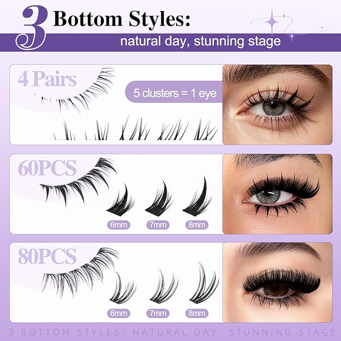 B&Q Bottom Lashes Clusters 3 Styles Spikes and Bottom Lash Clusters 180PCS Bottom Eyelashes Natural, Manga & Dramatic Bottom Lashes Individual Invisible Band 6-8MIX with Bottoms for Under Eye Makeup