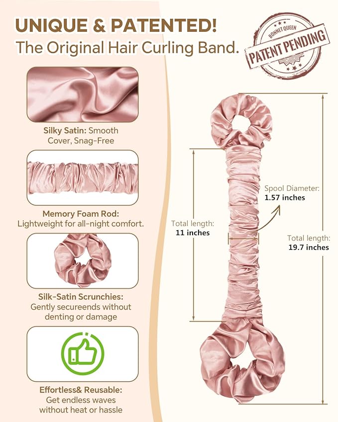 BONNET QUEEN Satin Heatless Hair Curler, Overnight Curls for Long Hair, Ultra Soft Daily Use of Hair Accessories & 2 Scrunchies, Damage-Free Styling, Soft Hair Curlers for Overnight, Rose Gold