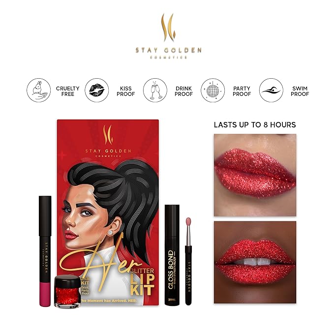 SG STAY GOLDEN COSMETICS Her Glitter Lip Kit, Cherry Red, Silver Sparkles
