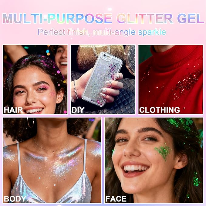 Roll-on Holographic Glitter Gel for Face & Hair, Sparkling Pink Shimmer Makeup, Color Changing Body Glitter for Festivals, Parties & Halloween,Chunky Mermaid Sequins Body Shimmer for Women(Laser Gold)