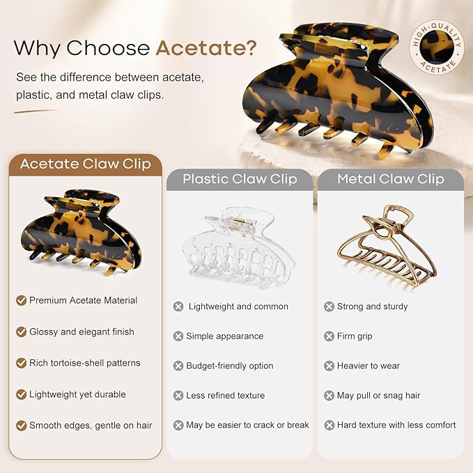 Aileam Acetate Hair Claw Clips for Women,Red Tortoise shell hair clip French Design Strong Hold Non-Slip claw clips for Thick Hair, 2 Pack
