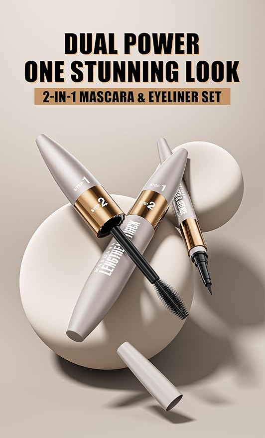 DUDUDU Waterproof Mascara and Eyeliner Set, 2-in-1 Black Volumizing and Lengthening Mascara for Lash Extension, Ideal Mascara for Older Women, 24HR Long Lasting Smudge-Proof Eye Makeup Kit