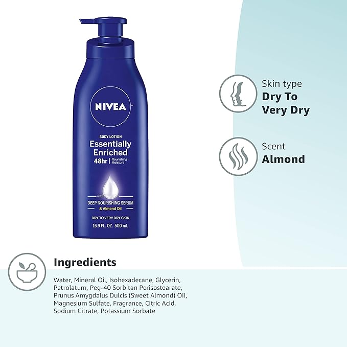 NIVEA Essentially Enriched Body Lotion for Very Dry Skin with Hyaluronic Acid, Almond Oil and Deep Nourishing Serum, 72-Hour Body Moisturizer, 16.9 Fl Oz Pump Bottle (Pack of 2)