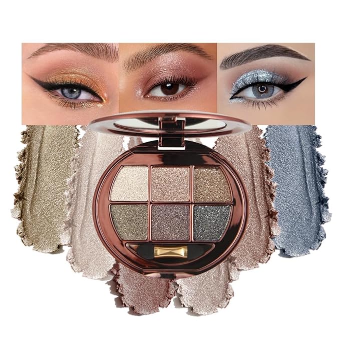 Shimmer Eyeshadow Palette, Neutral Smokey Eye Shadow, Gold Champagne Brown Black Glitter Eyeshadow, Metallic Sparkle Eye Makeup, Smooth Blendable Long Lasting Eyeshadow Palette for Daily Glam Look 02