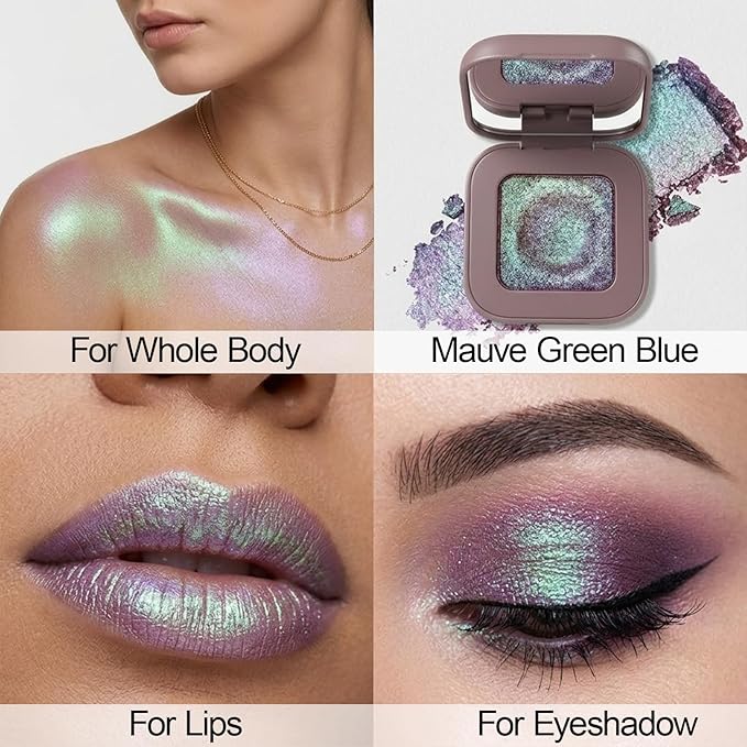 Erinde Plum Mauve Green Blue Duochrome Glitter Eyeshadow Palette, Holographic Chameleon Shimmer Metallic Eye Shadow, Rich Color, Color Shift Sparkle Iridescent Eye Brightener Fairy Makeup for Rave, 02