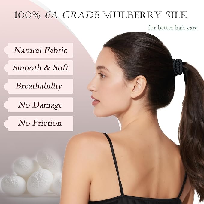 Silk Hair Ties 6Pcs, 22 Momme Pure 100% Mulberry Silk Scrunchies for Women, No Damage Silk Scrunchies for Hair, Black