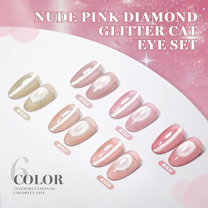 RARJSM Moonlight Silky Diamond Cat Eye Gel Nail Polish Set 6 Colors Nude Purple Pink Champagne Orange Red Sparkle Cateye Glitter Gelpolish with Magnet Stick Curing Requires Home Salon