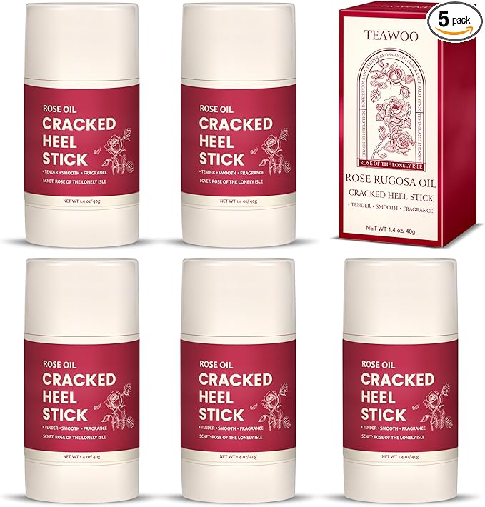 TEAWOO 5Pcs Cracked Heel Treatment & Repair Stick – Rose Oil Infused cracked heel stick Balm for Dry, Cracked Heels – No-Mess Applicator, Travel-Friendly