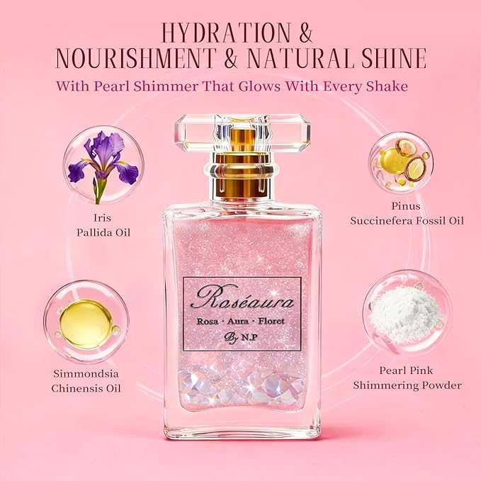 NP NATURES PHILOSOPHY Hair Perfume, Leave-in Hair Serum & Shine Spray for Women, Anti-Frizz Hair Care, Lightweight Leave-in Conditioner & Glossier Hair Perfume oils - 1.7 Fl oz（Roseaura）