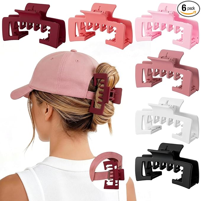 6 Pcs Hat Claw Clip for Women, Hat-Friendly Claw Clips for Baseball Cap & Trucker Hat - 4.1 Inch Large Hat Claw Clip for Medium/Thick Hair, Non-Slip Baseball Hair Clips for Hats Hairstyle, Pink