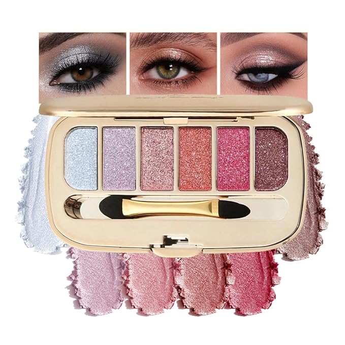 Mivota 6 Colors Pink Blue Glitter Eyeshadow Palette, Shimmer Diamond Eye Shadow Set with Dual-Ended Brush, Waterproof Long-Lasting Makeup Palette for Daily/Party, Travel-Friendly Makeup Kit, 04