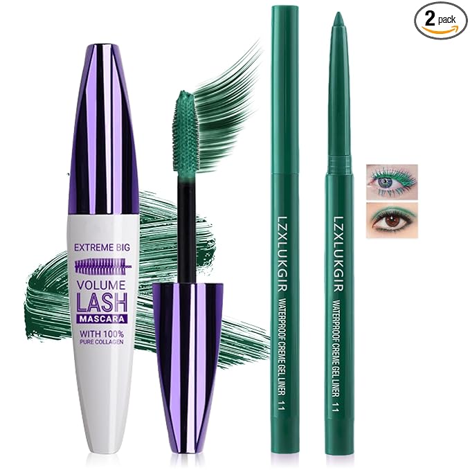 Green Mascara and Eyeliner Set,Natural Curling Green Mascara for Eyelashes,Volumizing Lengthening Rimel de Pestañas Waterproof,5D Colored Eye Makeup