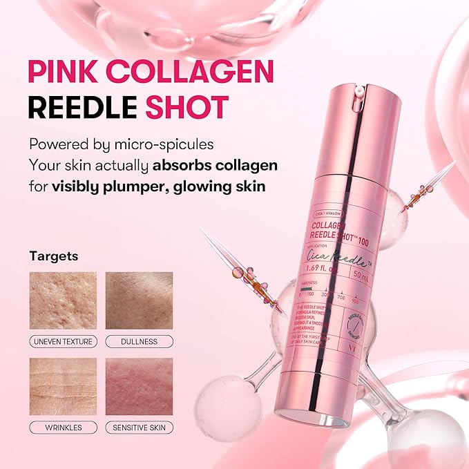 VT COSMETICS Collagen Reedle Shot 100 Serum, Pink Skin Booster for Plumping, Firming & Glowing Skin, 500Da Low Molecular Extract, Spicule Microneedle Treatment, K-Beauty Face Serum, 1.69 fl oz (50ml)