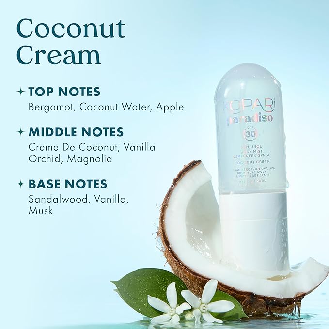 Kopari Paradiso Sun Juice SPF 30 Body Mist – Coconut Cream | Clear Non-Sticky Broad-Spectrum Sunscreen Mist, 80-Min Water-Resistant