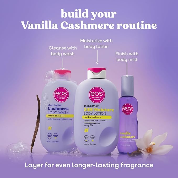 eos Vanilla Cashmere Scent Layering Bundle - Body Wash, Body Mist, Body Lotion