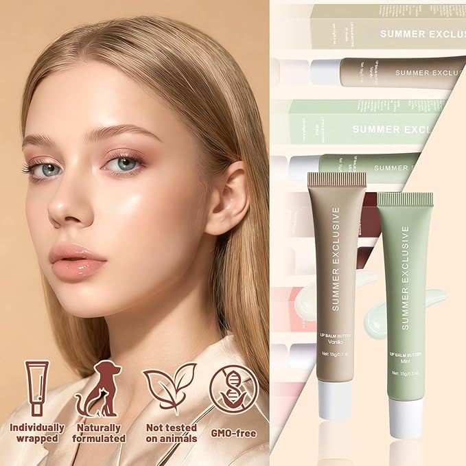 2 Pcs Tinted Lip Butter Balm, Long-Lasting Hydrating & Non-Sticky Lip Care, Soothes Dry Chapped Lips, Nourishing with Shea Butter & Olive Oil, 0.5 Fl Oz (Vanilla & Mint)