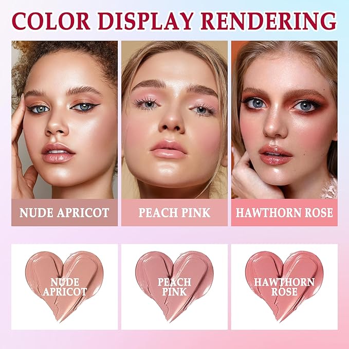 3 Colors Blush Stick with Makeup Sponges,Matte Solid Cream Blush,Multi-Use Blush Stick for Cheeks,Lips and Eye,High Pigmented Makeup Sticks Set A3