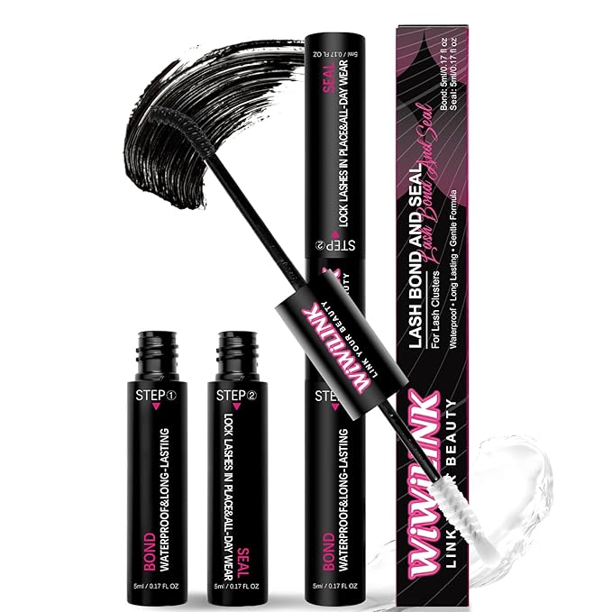 Lash Bond and Seal Black Eyelash Glue Waterproof Lash Clusters Glue for Cluster Lashes Strong Hold 150Hour Eyelash Adhesive at Home（5ml Black Bond+5ml Clear Seal）