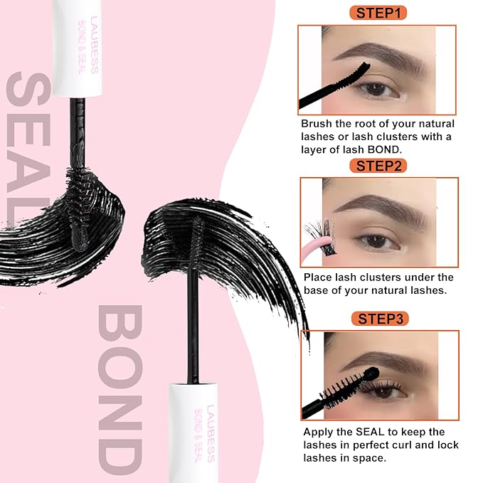 Lash Bond and Seal Waterproof LAUBESS Lash Glue for Eyelash Clusters 2 in 1 Lash Cluster Glue Adhesive Eyelash Glue Home Use Strong Hold 72H 10ml