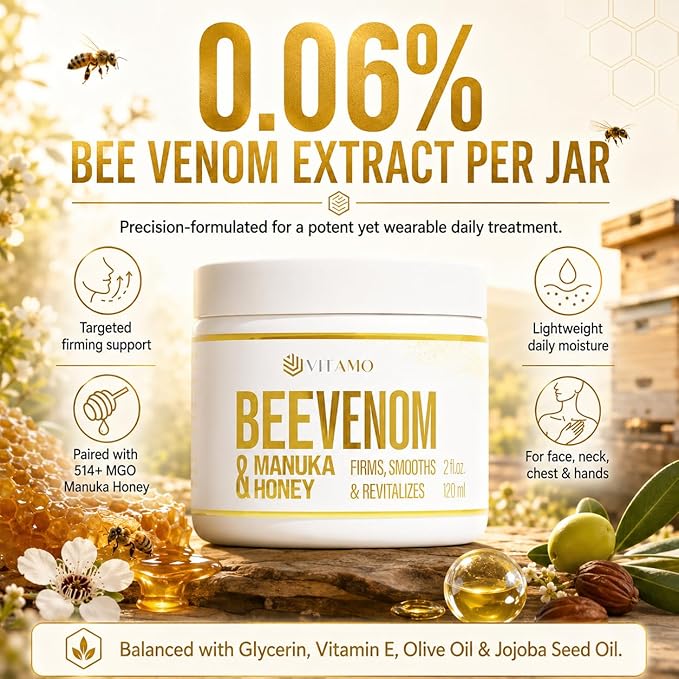 Vitamo Bee Venom Skin Treatment Cream | Face & Neck Wrinkle Moisturizer That Firms & Tightens | Made In USA | Hydrating Skin Restoration with Smoothing Effect | Instant Face Lift Cream, 2oz