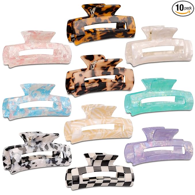Magicsky 10 Pcs Hair Claw Clips for Women, Opal Marble Tortoise Acrylic Large Clip for Thick Thin Hair, 90's Cute Butterfly Barrettes Pins, Aesthetic Styling Accessories for Girls-Rectangle
