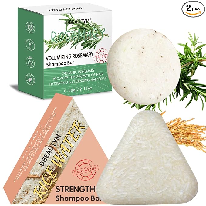 DBEAUTYM 2 Pack Rice Water Rosemary Hair Shampoo Bar,Solid Shampoo Bar for Hair Growth – Strengthening Hair Shampoo for Men and Women – Reduce Breakage,Boosts Shine,Soap for Dry Damaged Hair