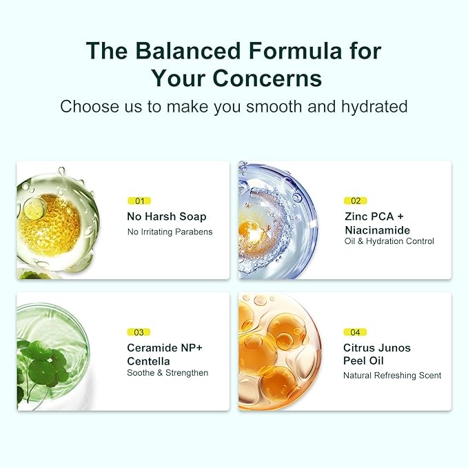 Gentle Facial Cleanser, Glycerin for Hydrating, Gentle Coconut-derived Cleansing Agents, Niacinamide (Vitamin B3) + Zinc PCA for Sebum Control, Ceramide NP + Centella for Calm (5.29oz.)