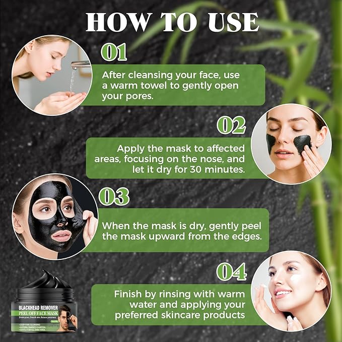 Blackhead Remover Mask, Charcoal Peel Off Face Mask for Men & Women, Deep Pore Cleansing Bamboo Charcoal Mask for Face & Nose, Removes Acne & Blackheads, 4.23 Oz