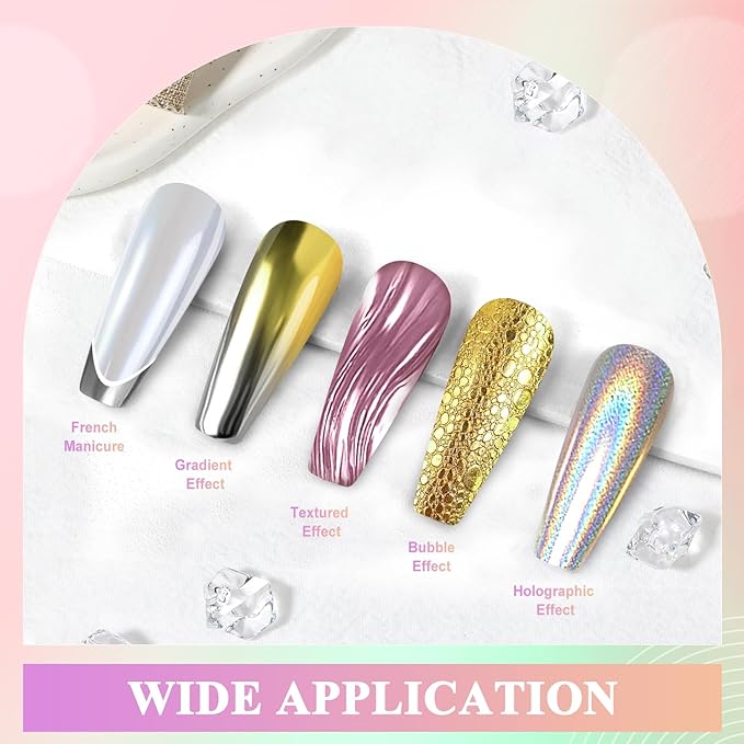 Gold Silver Chrome Nail Powder, DRMODE 6 Colors Metallic Mirror Effect Pink Light Purple Champagne Chrome Powder for Nails, Unicorn Iridescent Holographic Pigment Dust for Nail Art