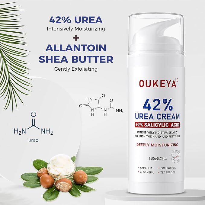 OUKEYA Urea Cream 42% with 2% Salicylic Acid, Urea Foot Cream for Dry, Rough Skin – Moisturiser for Feet, Heels, Hands & Elbows, 5.29 Oz