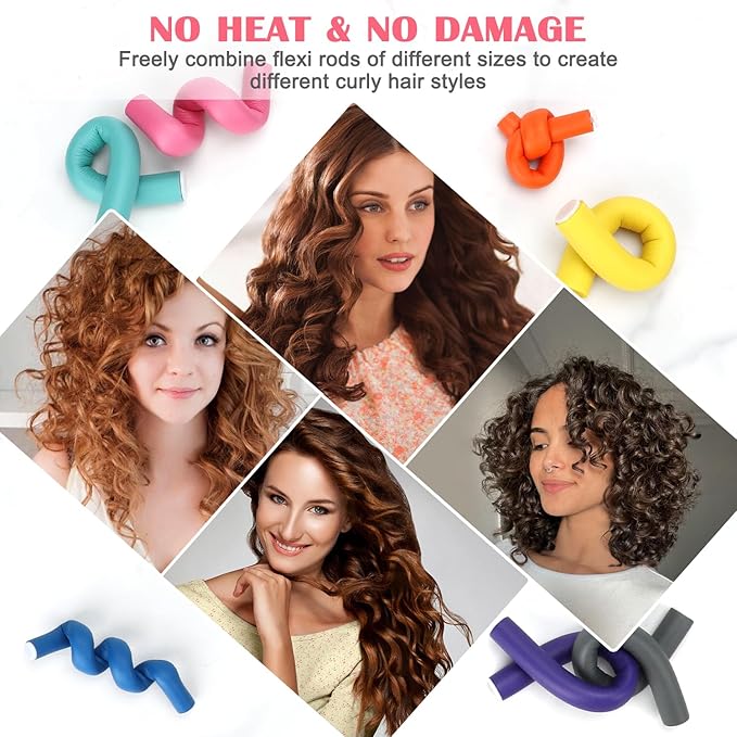 Heatless Hair Curlers 42PCS Flexible Hair Rollers 7" Soft Foam Hair Curlers No Heat Bendable Curling Rods for Short Medium Long Hair, 7 Colors & Sizes