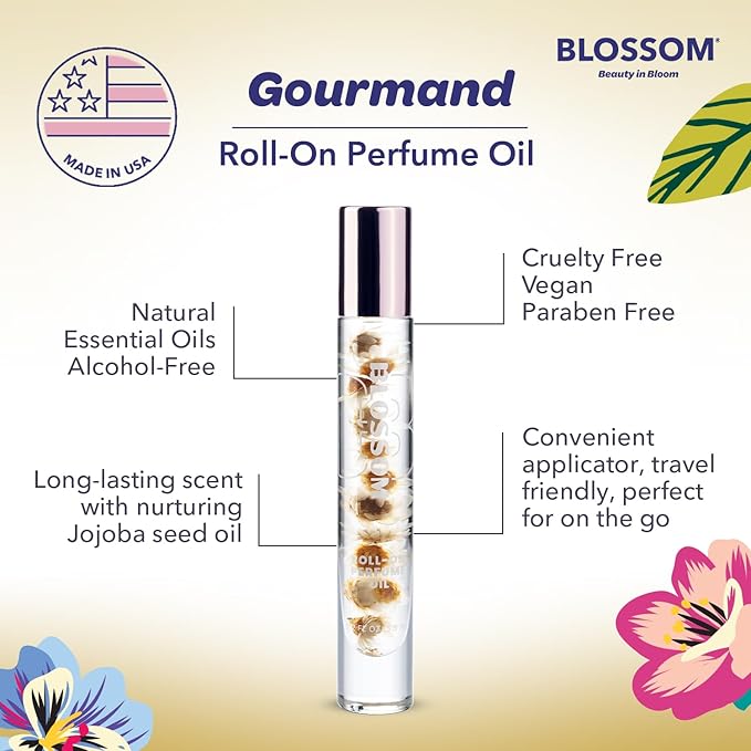 Blossom Roll on Perfume for Women Alcohol Free Gourmand Rollerball Perfume Oil with Essential Oils, Infused with Real Flowers, Made in USA, 0.20oz, (Vanilla, Cream, Sugar) Vanilla Sweet Cream
