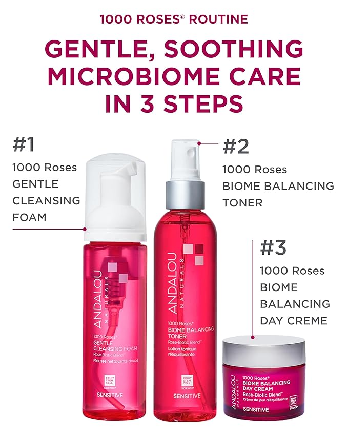 Andalou Naturals Toner, 1000 Roses Biome Balancing Facial Toner, Refreshing & Gentle on Sensitive Skin, Rose-Biotic Blend to Help Protect & Strengthen Skin Barrier, 6 Fl Oz Spray