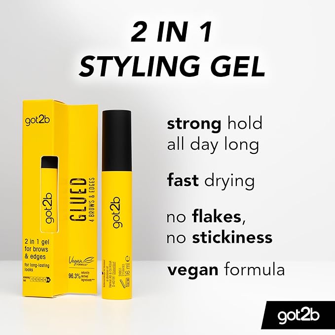 got2b Glued for Brows & Edges 2 in 1 Wand Eyebrow Gel, 72hr Hold, No White Residue or Stickness, Vegan, Silicone Free, Alcohol Free, 16 ml