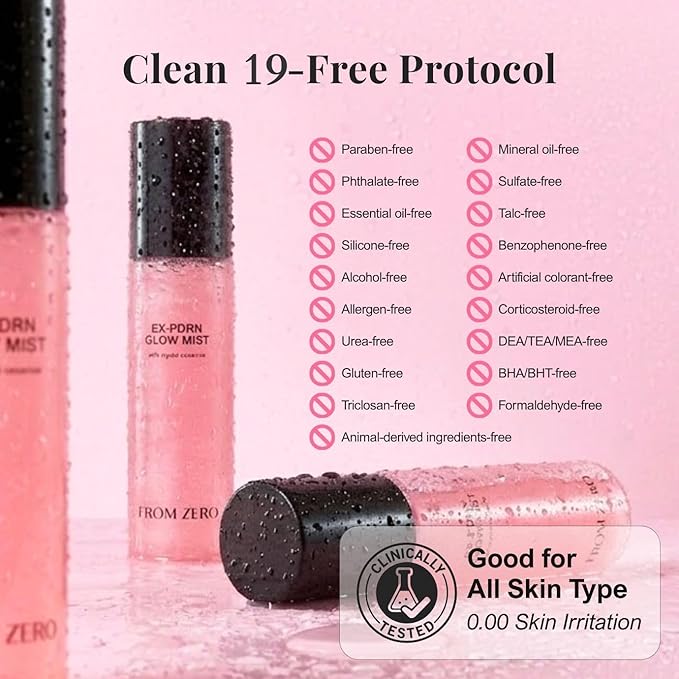 FROM ZERO EX-PDRN Glow Mist, Pink Ceramide Toner Spray, Rose Scent, Light-weight Hydration, Moisturizing, Broccoli PDRN, Jinseng Exosomes, Vegan Collagen, Niacinamide, Gift for Girlfriend, 3.38 fl.oz.