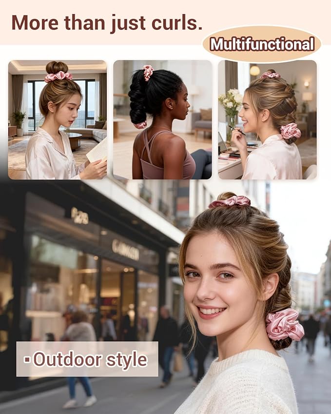 BONNET QUEEN Satin Heatless Hair Curler, Overnight Curls for Long Hair, Ultra Soft Daily Use of Hair Accessories & 2 Scrunchies, Damage-Free Styling, Soft Hair Curlers for Overnight, Pink