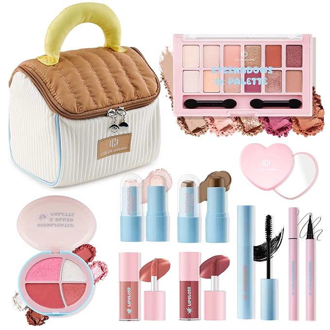 Color Nymph All In One Makeup Kit For Teens Girls with Cute Makeup Handbag, Makeup Gift Set for Women Full Kit Includes Eyeshadow Blush Contour Highlighter Lipgloss Mascara Eyeliner and Mirror