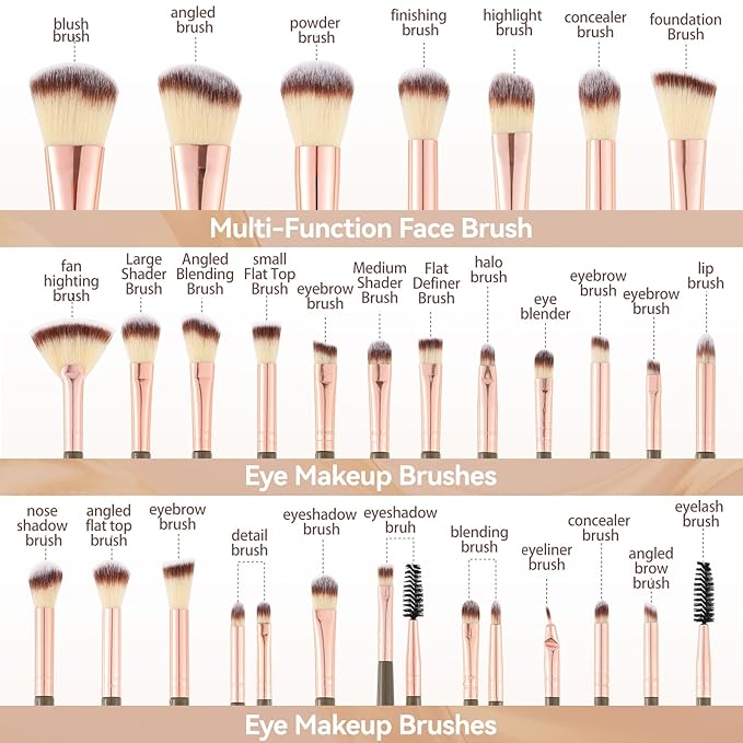 MULTIONS56PCS Makeup Brush Set with Sponge for Foundation, Concealer & Eyeshadow – Complete Brown Travel Kit for Flawless Application and Easy Portability