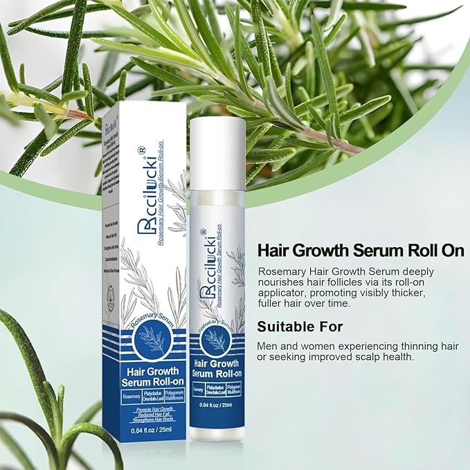 2PCS Rosemary Hair Growth Serum Roll-On, 25ml - With Polygonum Multiflorum, Platycladus Orientalis, Angelica Root, Aloe & Rosemary - Promotes Thicker, Fuller Hair, Non-Greasy Formula for Men